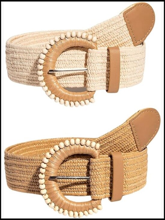 2 Pack Woven Stretch Raffia Belts with Circle Buckle